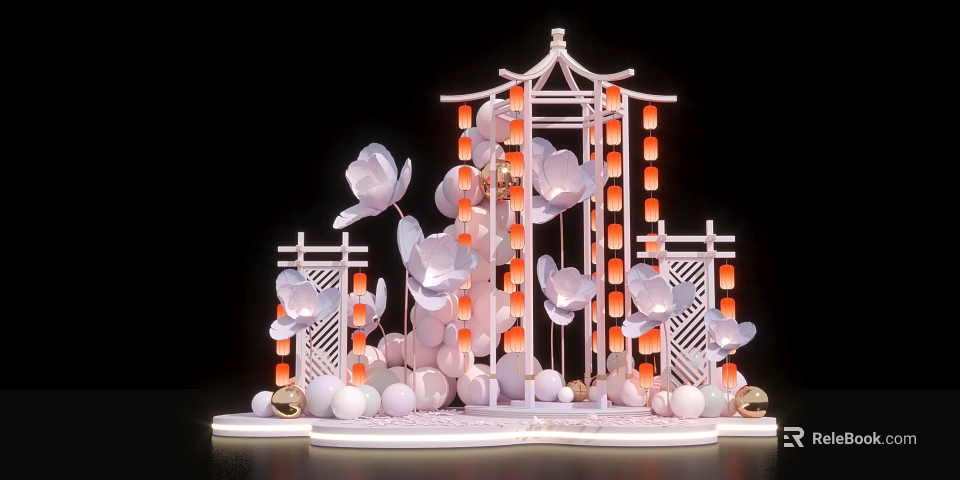 Chinese Decorative Pavilion Structure With Hanging Lanterns Magnolia Flowers And Spheres 3d model 