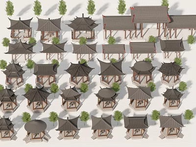 Traditional Chinese Architecture Collection With Various Style Pavilions And Corridors Surrounded By Trees 3d model
