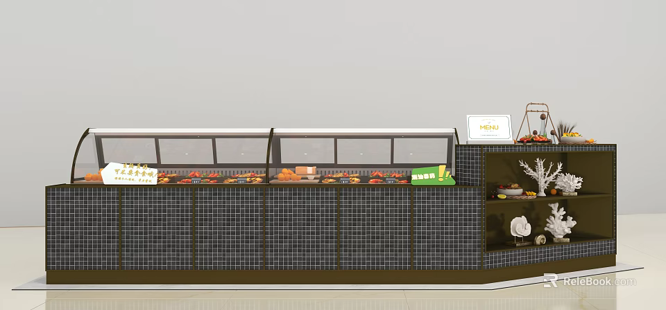 Retail Display Shelves With Glass Doors And Fresh Fruits On Tiled Wall Background 3d model 