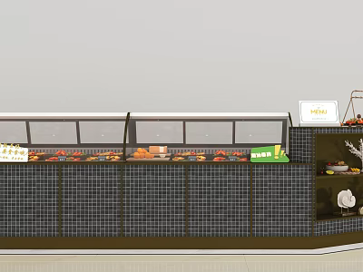 Retail Display Shelves With Glass Doors And Fresh Fruits On Tiled Wall Background 3d model