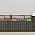 Retail Display Shelves With Glass Doors And Fresh Fruits On Tiled Wall Background