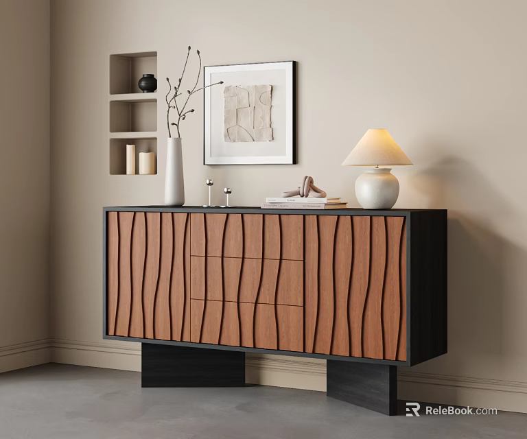 Elegant Wooden Entryway Console Cabinet With Wavy Texture Table Lamp And Wall Decor 3d model