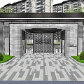 Modern Entrance Gate With Stone Walls Metal Grille Glass Doors And Green Plants