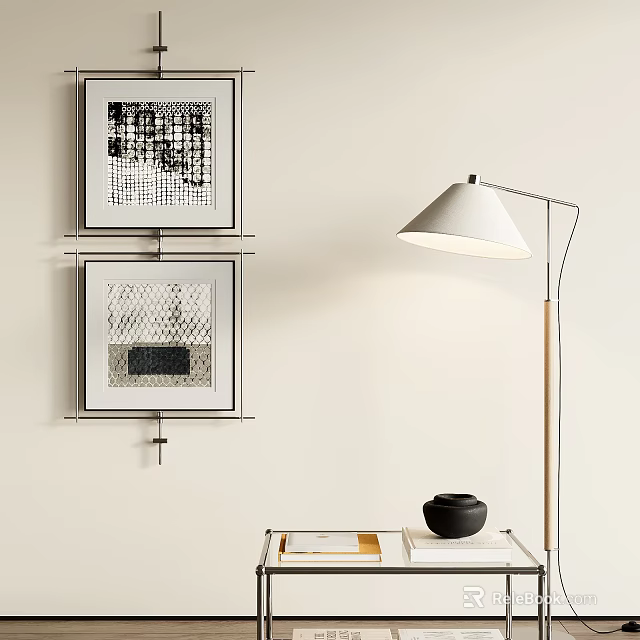 Framed Abstract Paintings Hung On Wall With Floor Lamp Side Table Black Jar And Books 3d model 