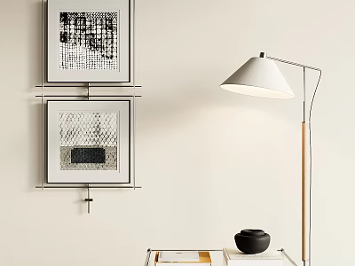 Framed Abstract Paintings Hung On Wall With Floor Lamp Side Table Black Jar And Books 3d model