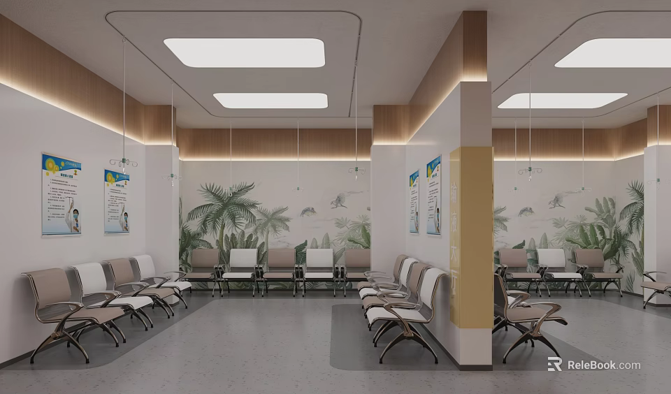 Modern Waiting Room Interior With Rows Of Chairs Columns And Palm Tree Decorative Paintings 3d model 
