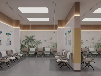 Modern Waiting Room Interior With Rows Of Chairs Columns And Palm Tree Decorative Paintings 3d model