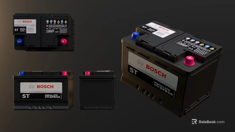 Bosch Vehicle Batteries Featuring Red Blue Terminals And Multi Angle Views 3d model 