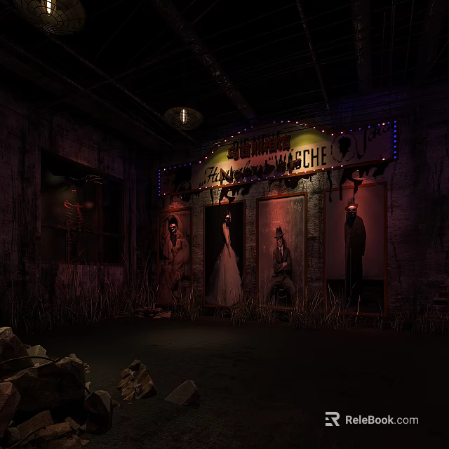Abandoned Haunted House Exterior With Neon Sign Mannequins And Dilapidated Scenery 3d model 