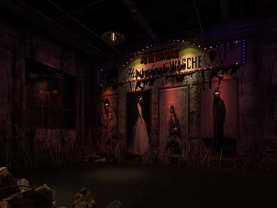 Abandoned Haunted House Exterior With Neon Sign Mannequins And Dilapidated Scenery 3d model