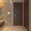 Hotel Bathroom Interior Design With Marble Walls Double Sinks Mirrors And Wooden Doors