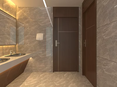 Hotel Bathroom Interior Design With Marble Walls Double Sinks Mirrors And Wooden Doors 3d model