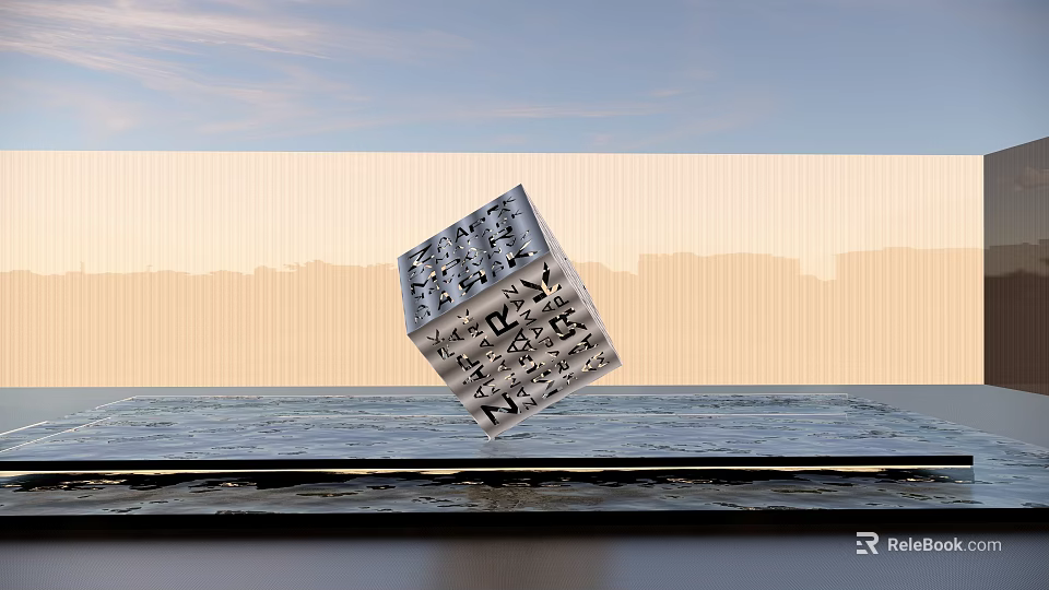 Floating Cube Sculpture with Intricate Inscriptions Against City Skyline and Calm Water Surface 3d model 