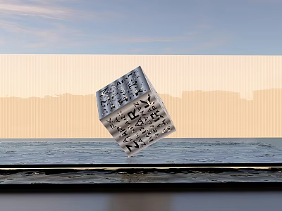 Floating Cube Sculpture with Intricate Inscriptions Against City Skyline and Calm Water Surface 3d model