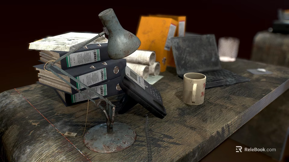 Cluttered Office Desk With Old Table Lamp Yellow Folders Files Laptop Mug And Telephone 3d model 