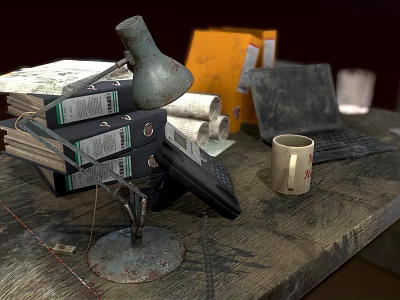 Cluttered Office Desk With Old Table Lamp Yellow Folders Files Laptop Mug And Telephone 3d model