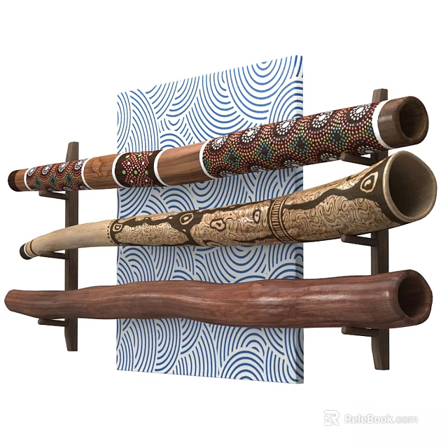 Handcrafted Musical Instruments and Art Supplies with Decorated Wooden Patterns and Artistic Backdrop 3d model 