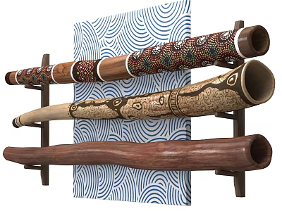 Handcrafted Musical Instruments and Art Supplies with Decorated Wooden Patterns and Artistic Backdrop 3d model