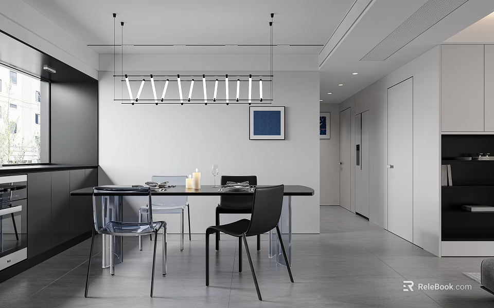 Modern Restaurant Interior With Black Dining Table Transparent Black Chairs Long Pendant Light Blue Artwork 3d model 