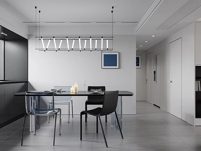 Modern Restaurant Interior With Black Dining Table Transparent Black Chairs Long Pendant Light Blue Artwork 3d model