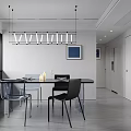 Modern Restaurant Interior With Black Dining Table Transparent Black Chairs Long Pendant Light Blue Artwork