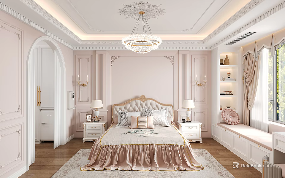 Elegant Bedroom Interior With Pink Walls Decorative Ceiling Ornate Chandelier And Large Bed 3d model 