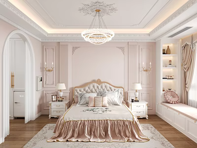Elegant Bedroom Interior With Pink Walls Decorative Ceiling Ornate Chandelier And Large Bed 3d model