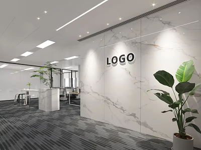 Modern Office Reception Area With Marble Wall Logo Sign Green Plant And Open Design 3d model