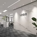 Modern Office Reception Area With Marble Wall Logo Sign Green Plant And Open Design