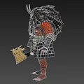 Horned Red Skinned Man With Long Hair Holding Sword And Decorative Armor