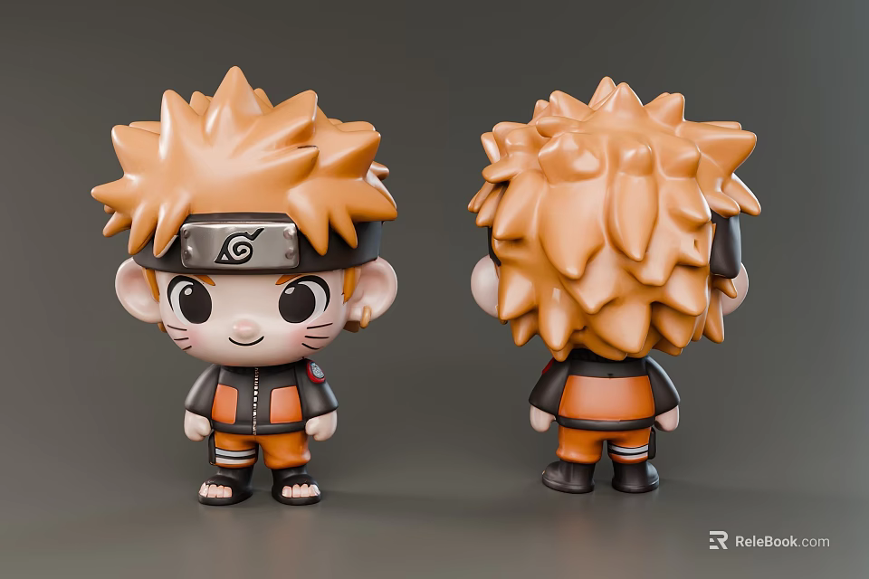 Chibi Game Movie Character Figurine With Orange Spiky Hair And Headband Front Back View 3d model 