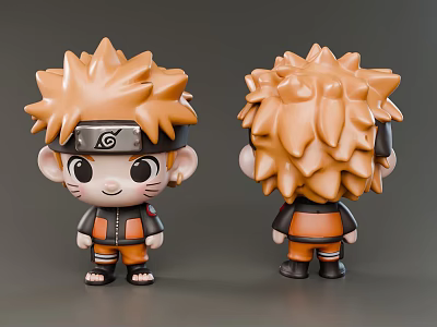 Chibi Game Movie Character Figurine With Orange Spiky Hair And Headband Front Back View 3d model
