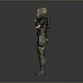 Female Character In Camouflage Uniform With Red Hair Headphones Backpack Arms Outstretched Gray Background
