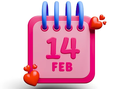 Pink Calendar Themed Decorative Ornament Set with 14th February Blue Spiral Binding and Red Hearts 3d model
