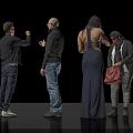Group of Four People Standing in Back View Interacting on Black Background with Various Outfits
