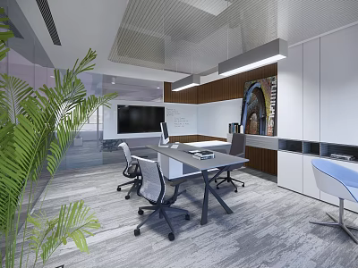 Modern Office Interior Design With Desk Office Chairs Green Plants And Glass Partitions 3d model