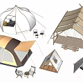 Dome and Canvas Camping Tents With Tables Chairs and Wooden Platforms