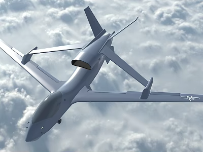 Modern Long Range Drone with Extended Wingspan Flying High Above Cloudy Sky 3d model