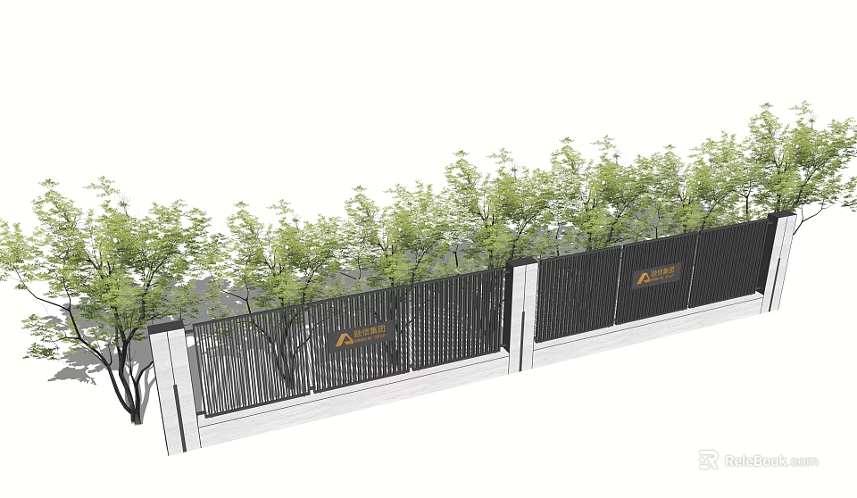 Modern Metal Fence With Vertical Slats White Posts Surrounded By Green Trees 3d model 