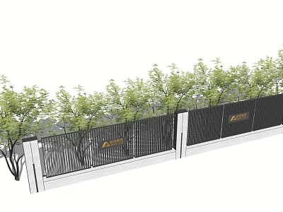 Modern Metal Fence With Vertical Slats White Posts Surrounded By Green Trees 3d model
