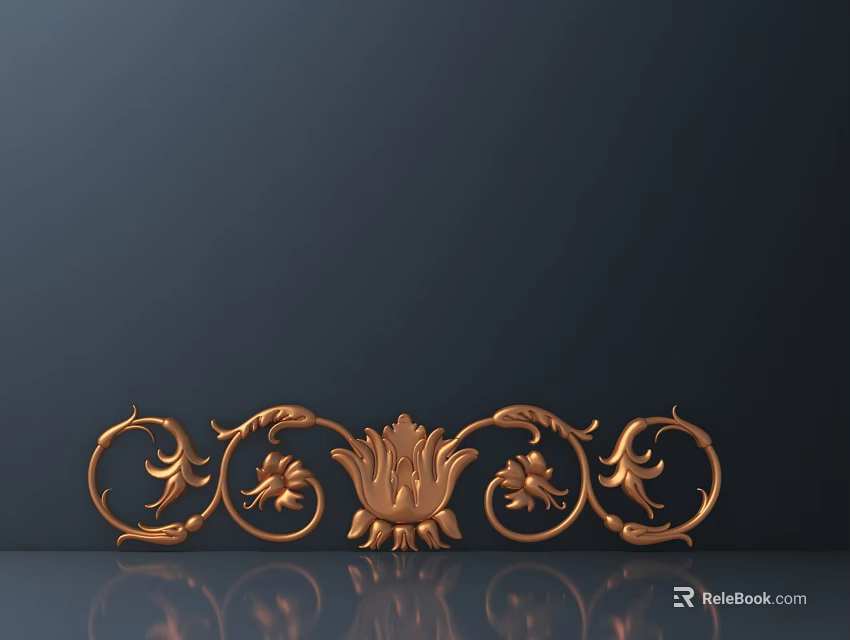 Golden Decorative Carved Design With Floral Patterns Scroll Leaves On Dark Background With Reflection 3d model 