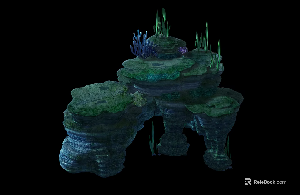 Layered Stone Wood Rock Formation With Green Plants And Blue Coral Details 3d model 