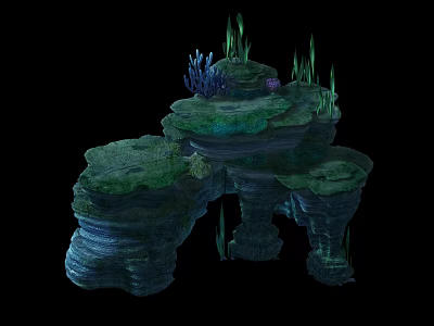 Layered Stone Wood Rock Formation With Green Plants And Blue Coral Details 3d model
