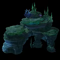 Layered Stone Wood Rock Formation With Green Plants And Blue Coral Details