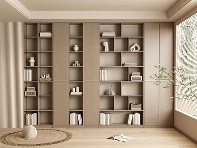 Modern Bookcase With Compartments Books Decorative Items And Wooden Floor 3d model