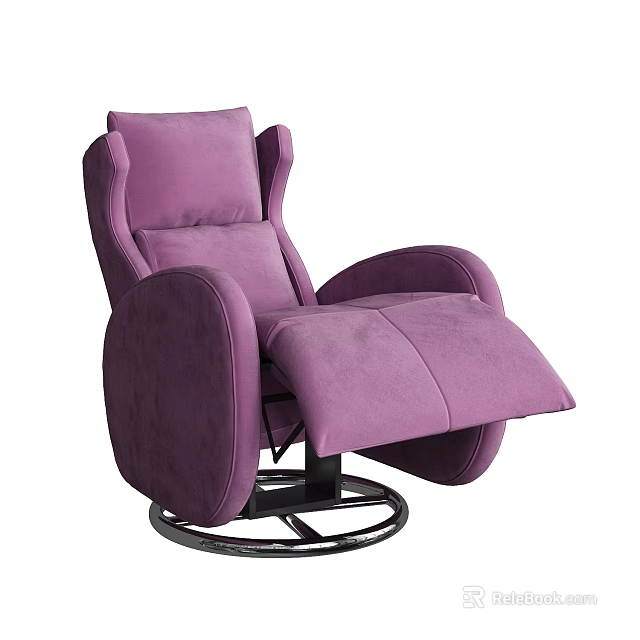 Comfortable Purple Upholstered Recliner Chair with Armrests Footrest and Round Metal Base 3d model 