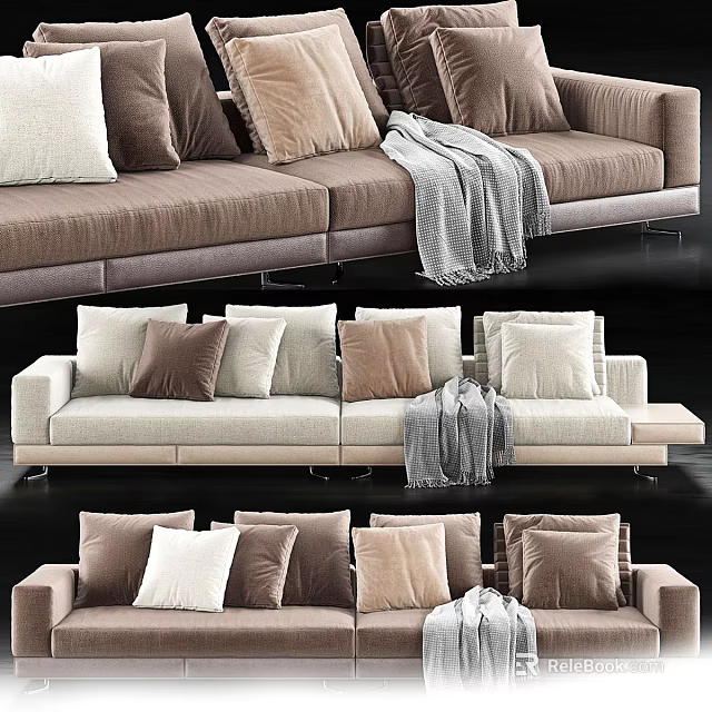 Comfortable Sectional Sofa with Throw Pillows and Blanket in Brown and Beige Tones 3d model