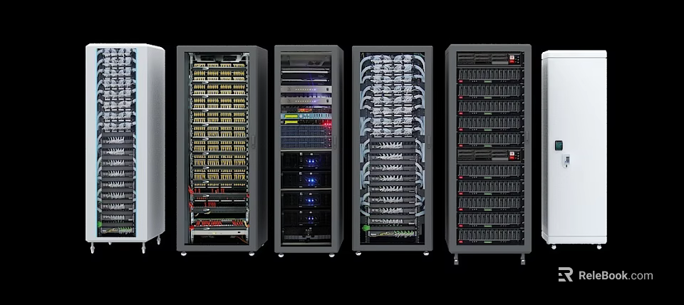 Multiple Server Cabinets with Network Equipment Cables and Indicator Lights in Data Center 3d model 