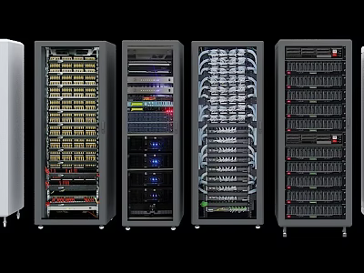 Multiple Server Cabinets with Network Equipment Cables and Indicator Lights in Data Center 3d model
