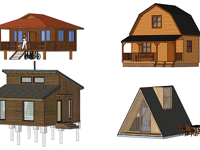 Different Styles Detached Houses Exterior Design With Various Roof And Porch 3d model